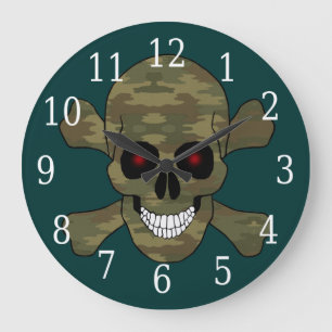 Camouflage Red Eyes Skull And Crossbones Clock Große Wanduhr
