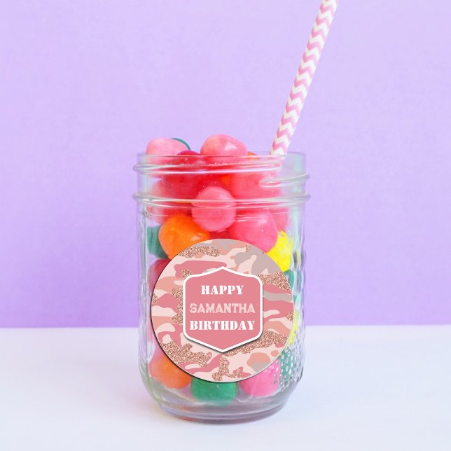 Camouflage Rose Gold Blush Pink Camouflage Army Ge Runder Aufkleber (Camouflage Rose Gold Blush Pink Camo Army Birthday Classic Round Sticker)