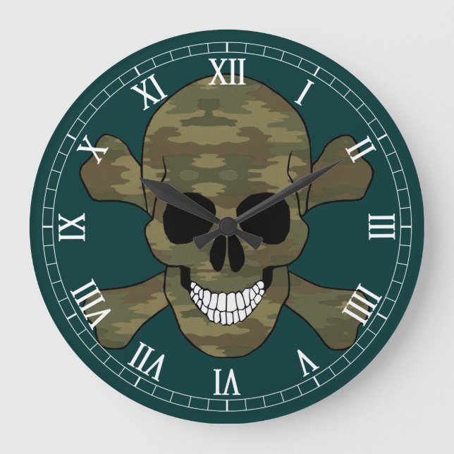 Camouflage Skull and Crossbone Roman Numerale Cloc Große Wanduhr (Vorderseite)
