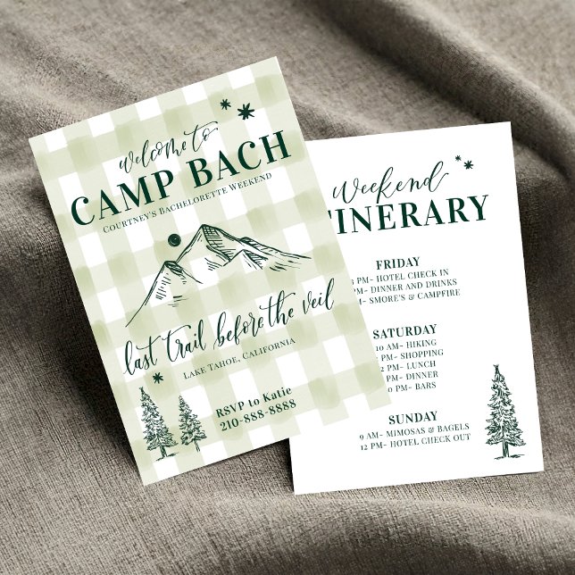 CAMP BACH-Letzter Weg zum Schleier Einladung (Camp Bach Invitation & Itinerary | Mountain Themed Bach Trip Set | Editable & custom! Shop Now!)