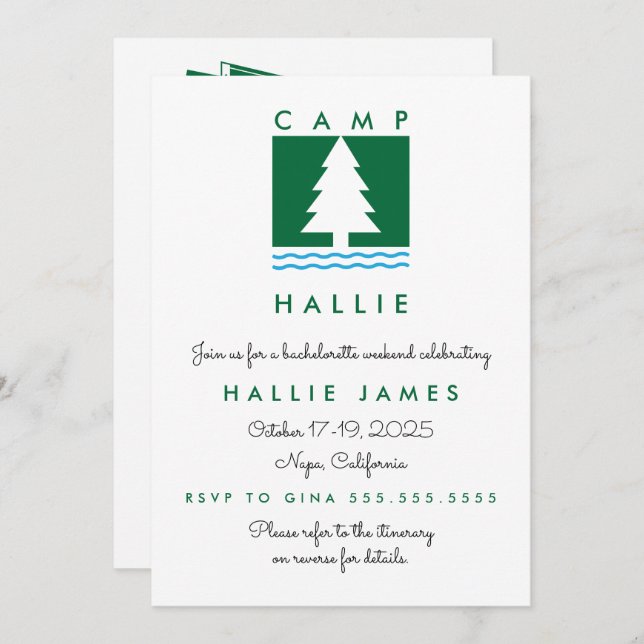 Camp Bachelorette Bach Wochenende Ausflug & Tour Einladung (Vorne/Hinten)