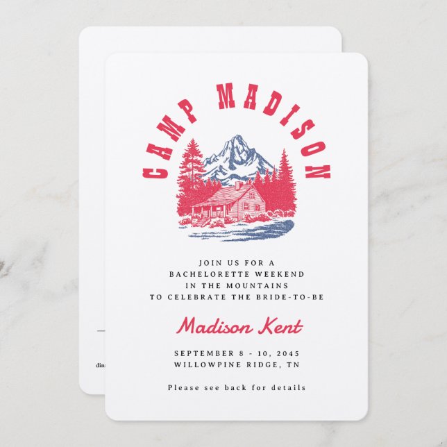 Camp Bachelorette Bold Retro Mountain Wedding Einladung (Vorne/Hinten)