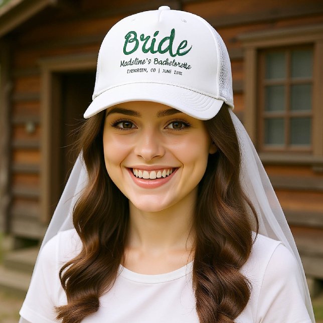 Camp Bachelorette Bride Hand Schreiben Grün Truckerkappe (camp bachelorette bride trucker hat handwriting hand written camping glamping hiking bach)
