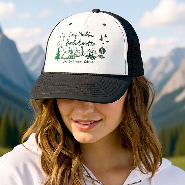 Camp Bachelorette Camping Handgezeichnet Schreiben Truckerkappe (camp bachelorette trucker hat camping hand drawn written girls trip bach green glamping)