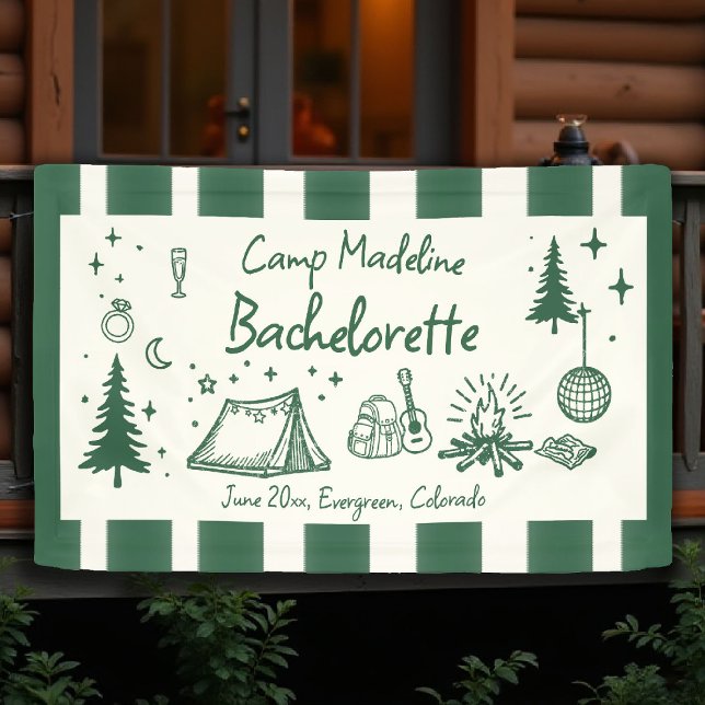 Camp Bachelorette Camping Handgezeichnete Streifen Banner (camp bachelorette banner camping hand drawn written green stripes girls trip bach)