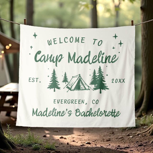 Camp Bachelorette Camping Hintergrund Hand gezogen Wandteppich (camp bachelorette welcome backdrop hand drawn handwriting hand written camping glamping hiking bach)