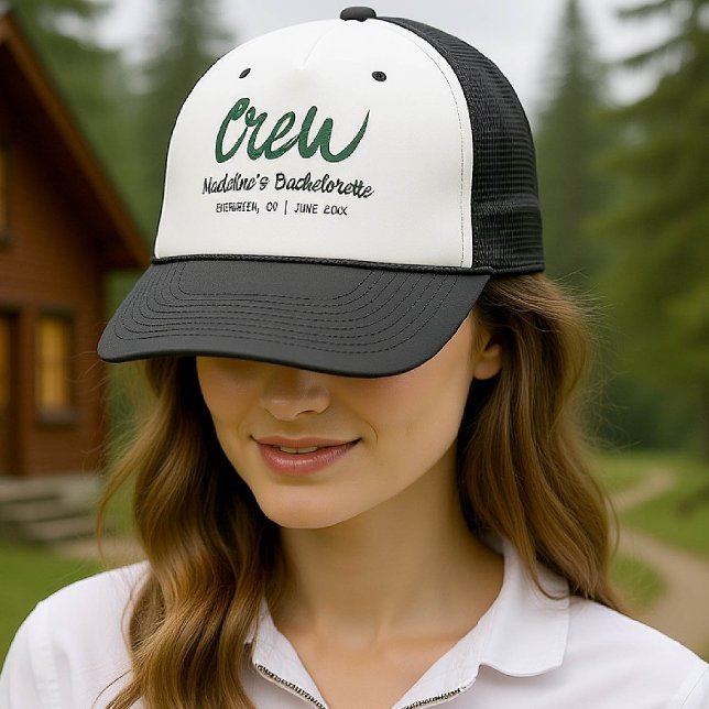 Camp Bachelorette Crew Handgezeichnet Schrift Grün Truckerkappe (camp bachelorette bridesmaid trucker hat handwriting hand written camping glamping hiking bach)