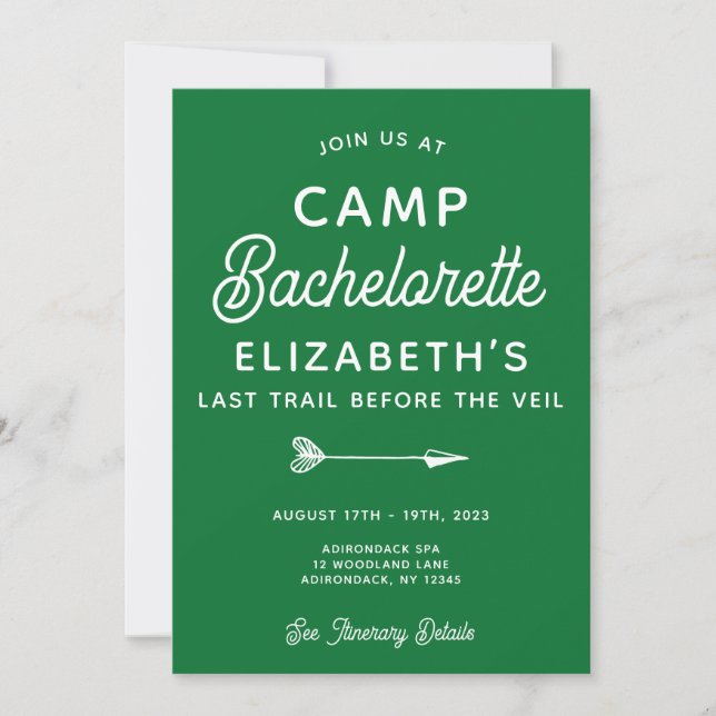Camp Bachelorette Editable Party Einladung (Vorderseite)