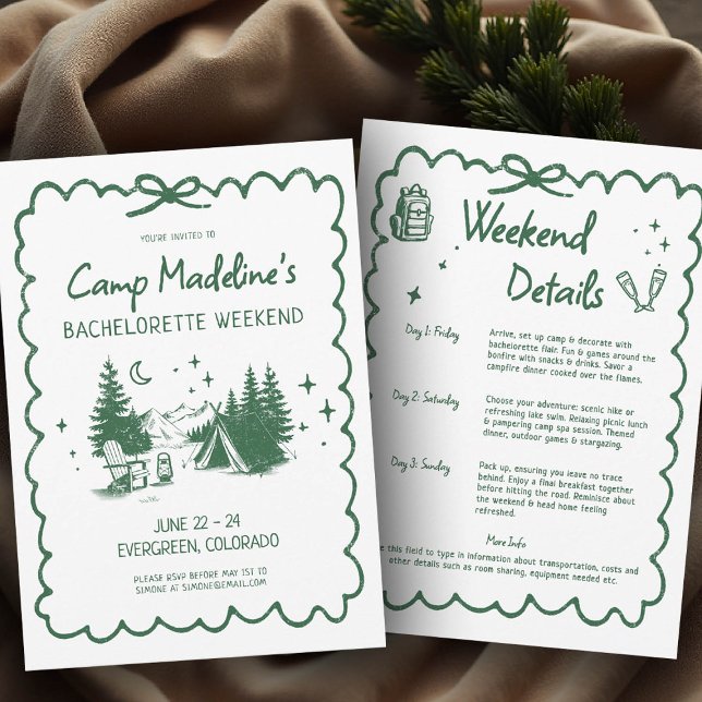 Camp Bachelorette Green Bow Camping Itinerary Einladung (camp bachelorette invitation itinerary camping hiking mountains nature bach glamping)