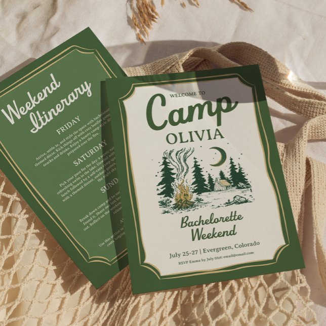Camp Bachelorette Green Glamping Itinerary  Einladung (Camp Bachelorette Green Glamping Itinerary )