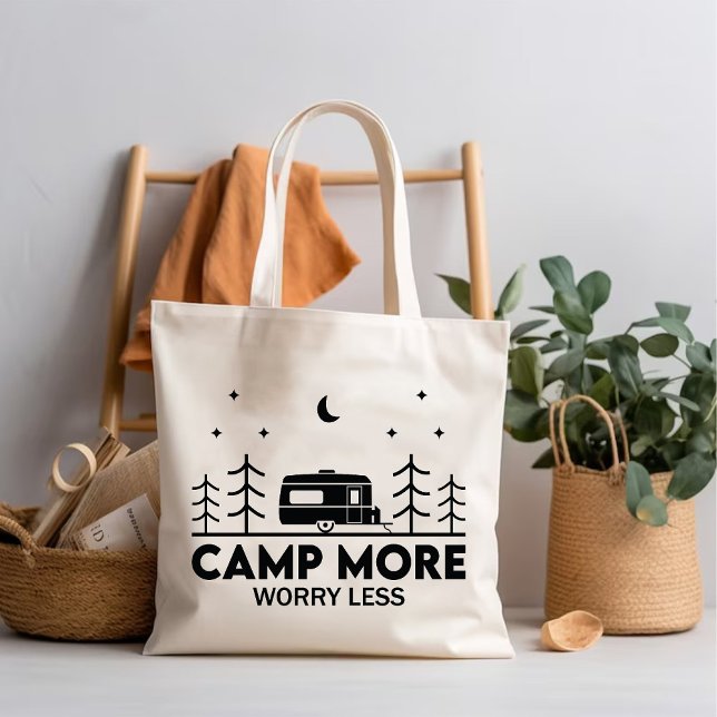 Camp mehr Sorgen weniger minimalistische Abenteuer Tragetasche (Camp more worry less minimalist Adventure Explore Tote Bag)