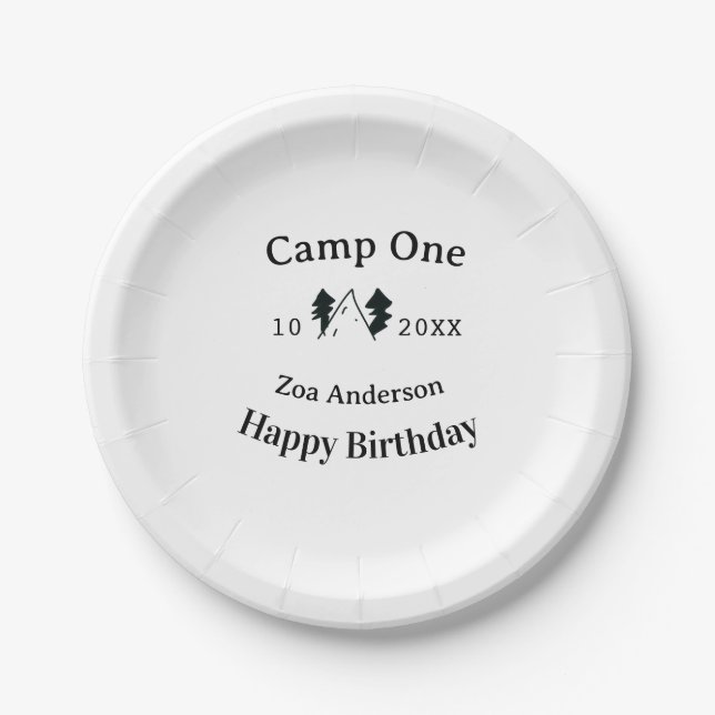 Camp one happy birthday name date campingadventure pappteller (Vorderseite)