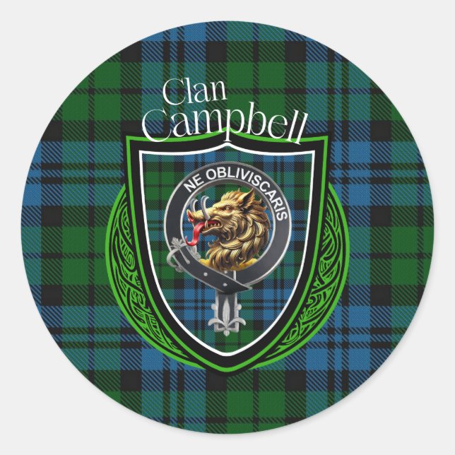 Campbell Scottish Clan Tartan & Wappen Runder Aufkleber (Vorderseite)