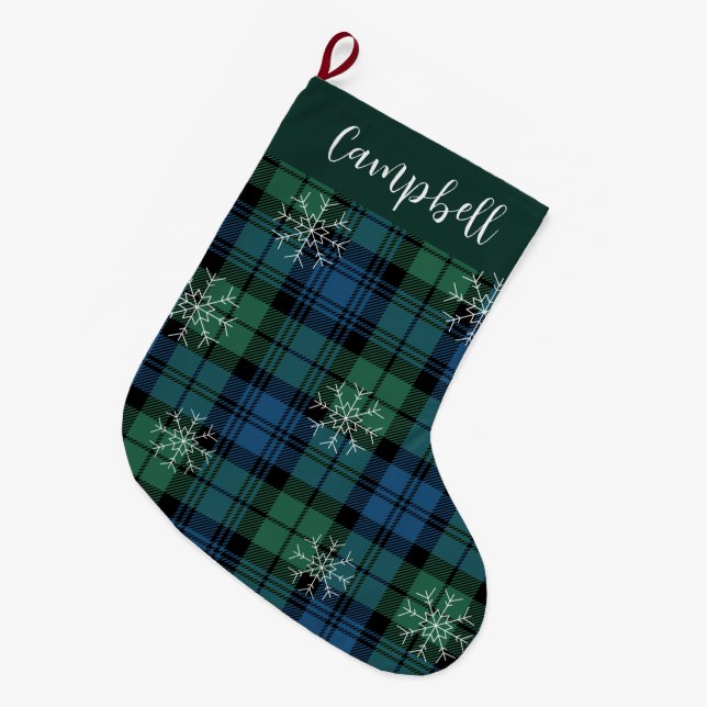 Campbell Tartan Green Blue Snowflakes Rustikal Kar Großer Weihnachtsstrumpf (Vorderansicht (hängend))
