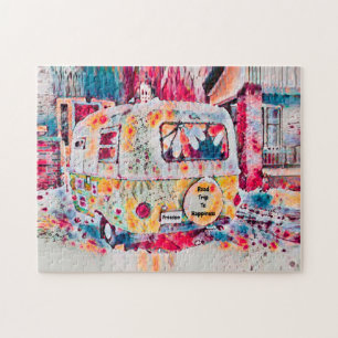 Camper Hippie Retro Roadtrip zu Glück Freiheit Puzzle