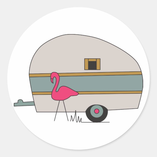 Camper mit Flamingo Runder Aufkleber (Vorderseite)