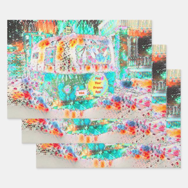 Camper Retro Hippie Green Groove und Vibe Pop Art Geschenkpapier Set (Set)