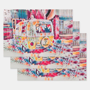 Camper Retro Hippie Road Reise zum Glück Freiheit Geschenkpapier Set