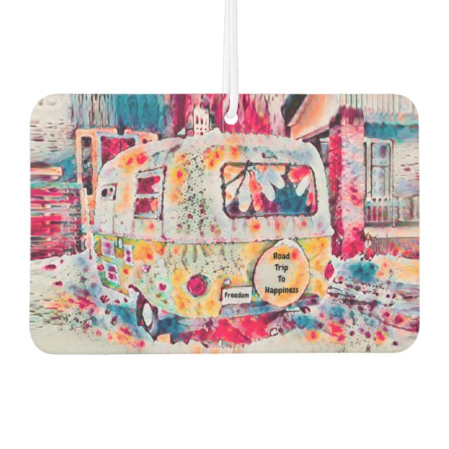Camper Retro Hippie Road Trip zum Glück Freiheit Autolufterfrischer (Vorderseite)