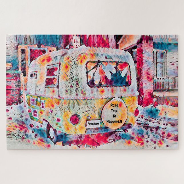 Camper Retro Hippie Road Trip zum Glück Freiheit Puzzle (Horizontal)