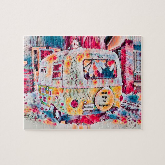 Camper Retro Hippie Road Trip zum Glück Freiheit Puzzle (Horizontal)