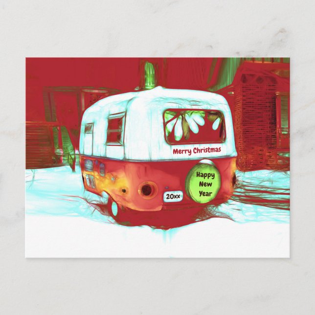 Camper Retro Weihnachten Roter grüner Vintager Url Postkarte (Vorderseite)