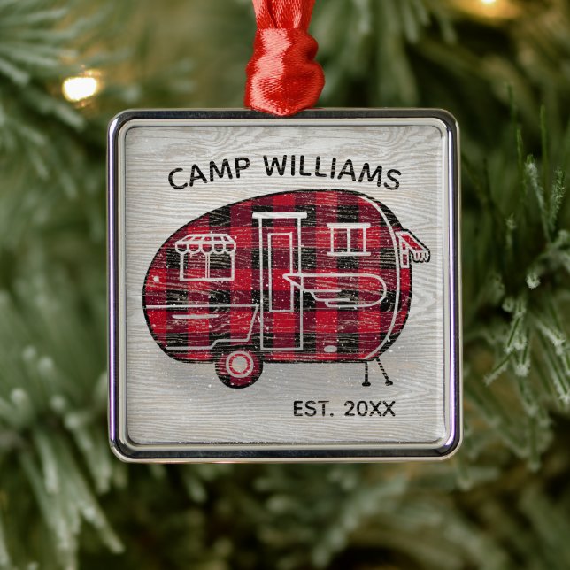 Camper Rustic Red Buffalo Kariert Monogram Holiday Ornament Aus Metall (Baum)