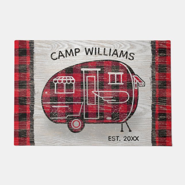 Camper Rustic Red Buffalo Kariert Monogram Name Fußmatte (Vorderseite)