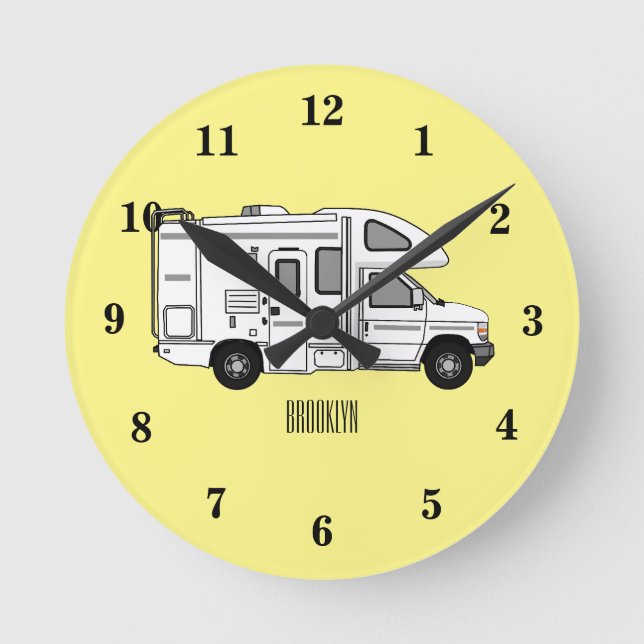 Campervan Cartoon Illustration Runde Wanduhr (Vorderseite)