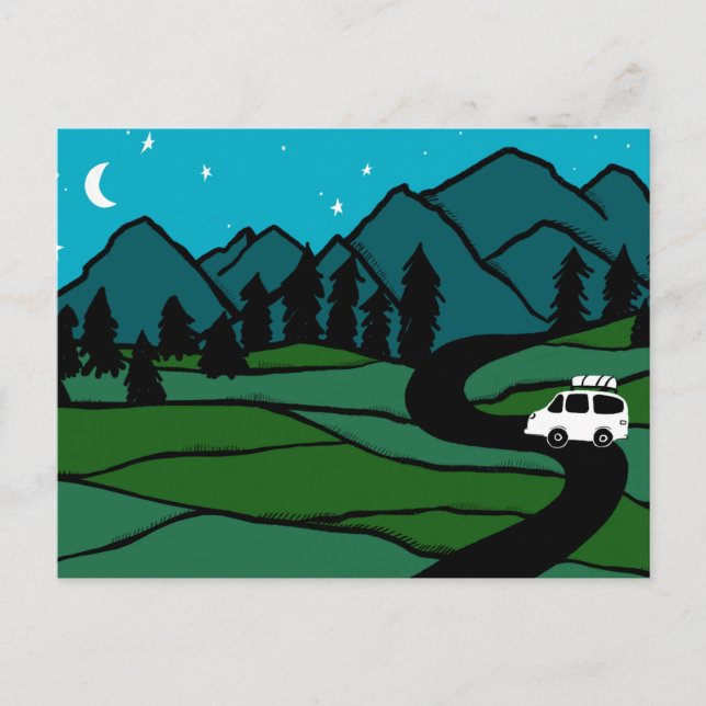 Campervan Mountains Vanlife RV Moon Stars Postkarte (Vorderseite)