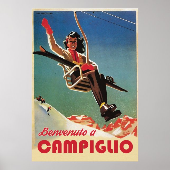 Campiglio, Frau auf einem Skilift Poster (Vorne)