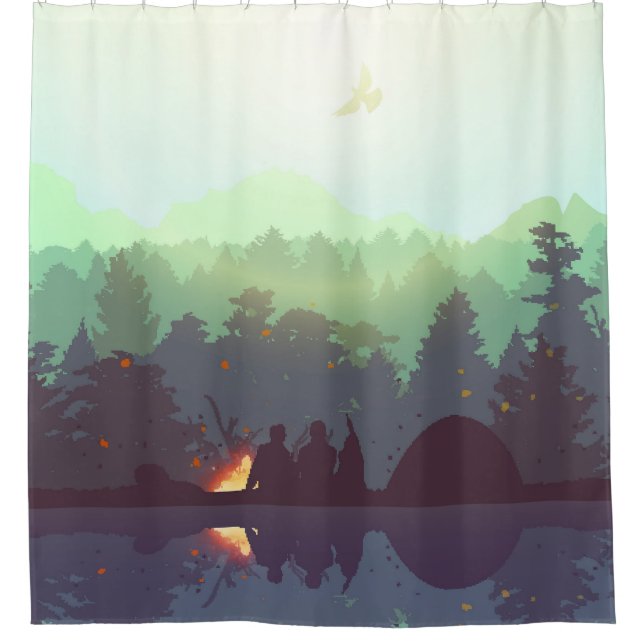 Camping Adventure Forest Mountain Illustration Duschvorhang (Vorderseite)