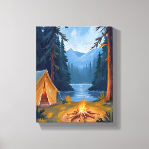 Camping-Ausflug Wald Lagerfeuer Zelt Aquarell Leinwanddruck