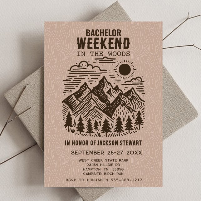 Camping Bachelor Party Einladung (Camping Bachelor Party Invitation with Modern Mountains)