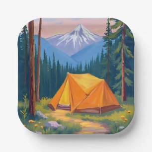 Camping-Berg-Aquarellmalerei Pappteller