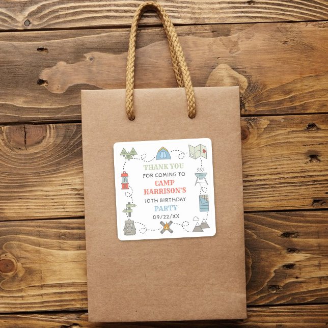 Camping Birthday Party Danke Quadratischer Aufkleber (Von Creator hochgeladen)