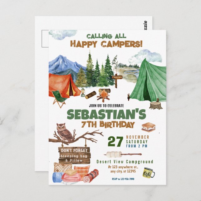 Camping Birthday Party Moderne Kinder Postkarte (Vorne/Hinten)