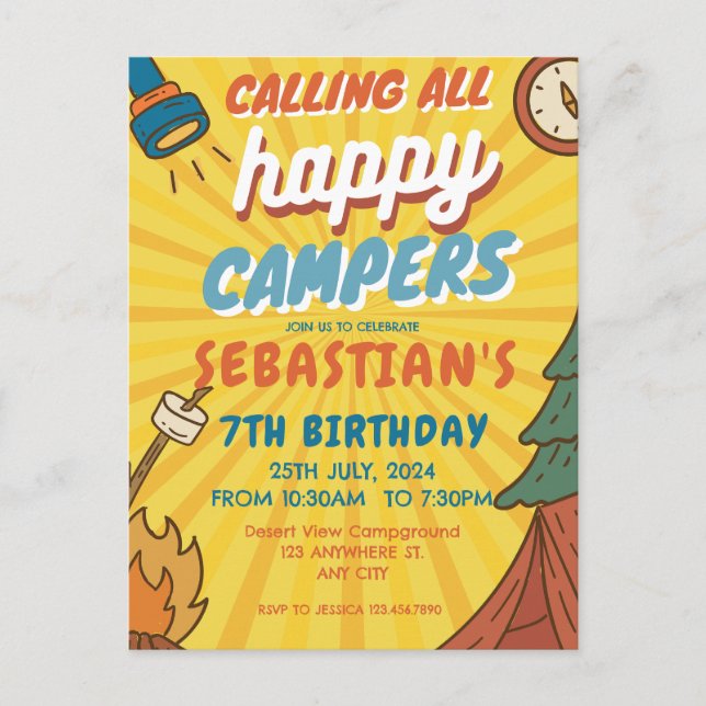 Camping Birthday Party Moderne Kinder Postkarte (Vorderseite)