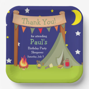 Camping Birthday Party Sleepover Khaki Green Pappteller