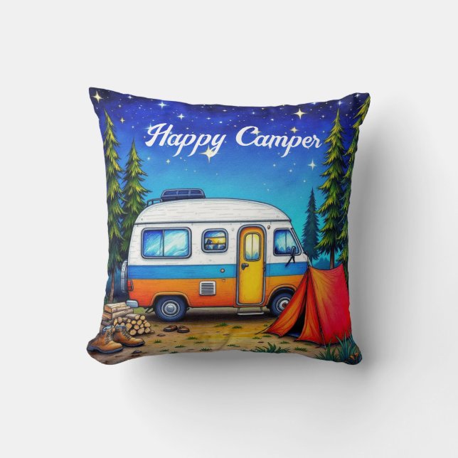 Camping Campervan Watercolor Natur Kissen (Vorderseite)