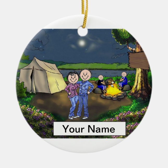 Camping Couple, Two Children Keramik Ornament (Vorne)