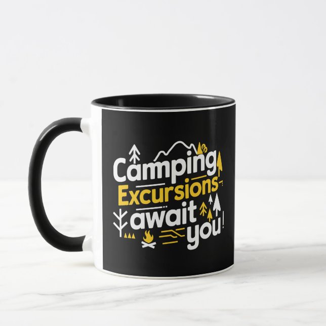Camping Exkursionen erwarten Sie, schwarze Tasse (Links)