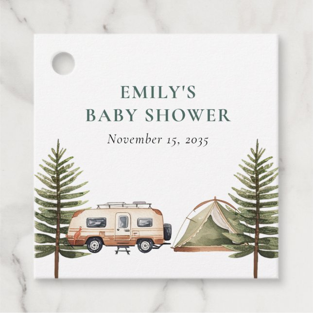 Camping Forest Watercolor Kinderdusche Geschenkanhänger (Vorderseite)