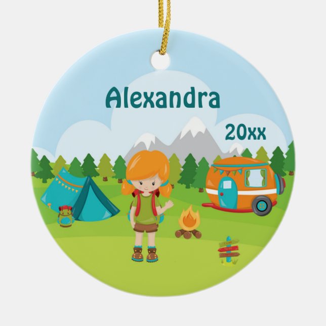 Camping Girl Fire Camper Zelt Rucksack Rot Keramik Ornament (Vorne)
