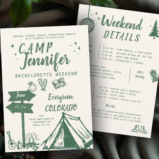 Camping Hand Schreiben Camp Grüner Junggeselinnen- Einladung (camp bachelorette invitation handwriting hand written camping glamping hiking bach itinerary)
