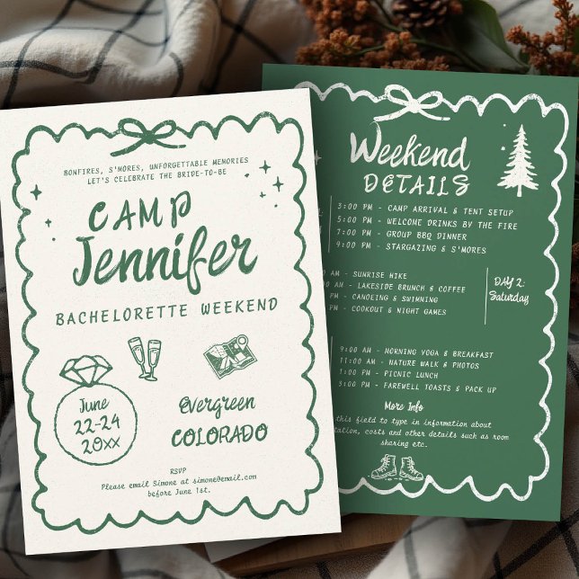 Camping Handgezeichneter grüner Bow Junggeselinnen Einladung (camp bachelorette invitation handwriting hand written camping glamping hiking itinerary bach bow)