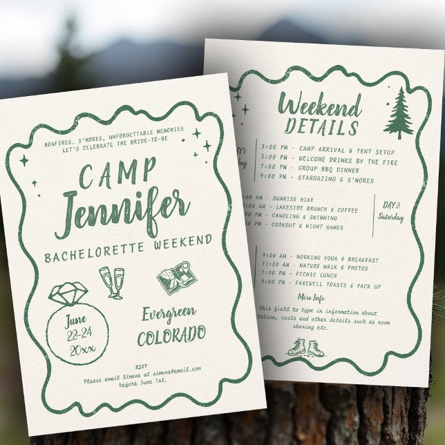 Camping Handgezeichneter Rahmen Grüner Junggeselin Einladung (camp bachelorette invitation handwriting hand written camping glamping hiking itinerary bach)