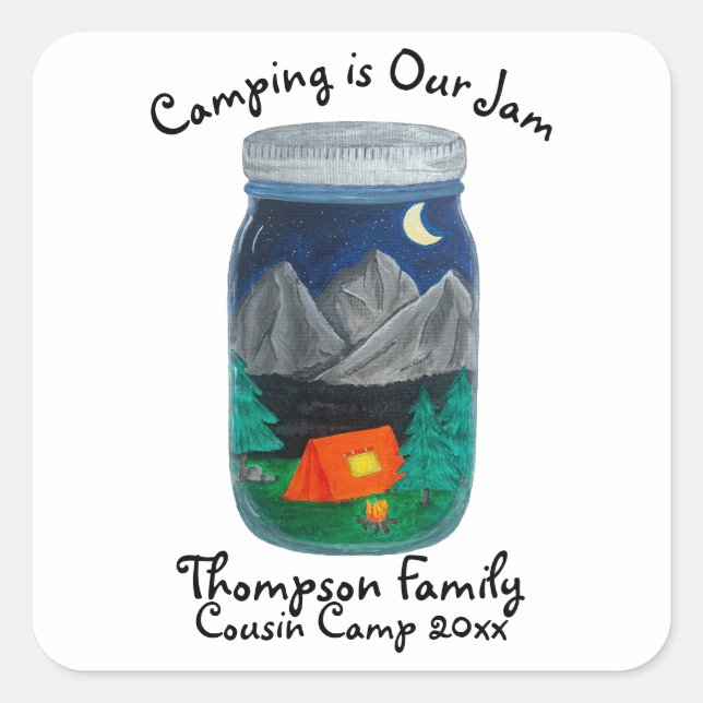 Camping ist Unser Marmorzelt und die Berge im Jar Quadratischer Aufkleber (Vorderseite)