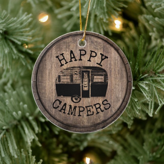 Camping Life Happy Campers Rustikales Holz Keramik Ornament (Baum)