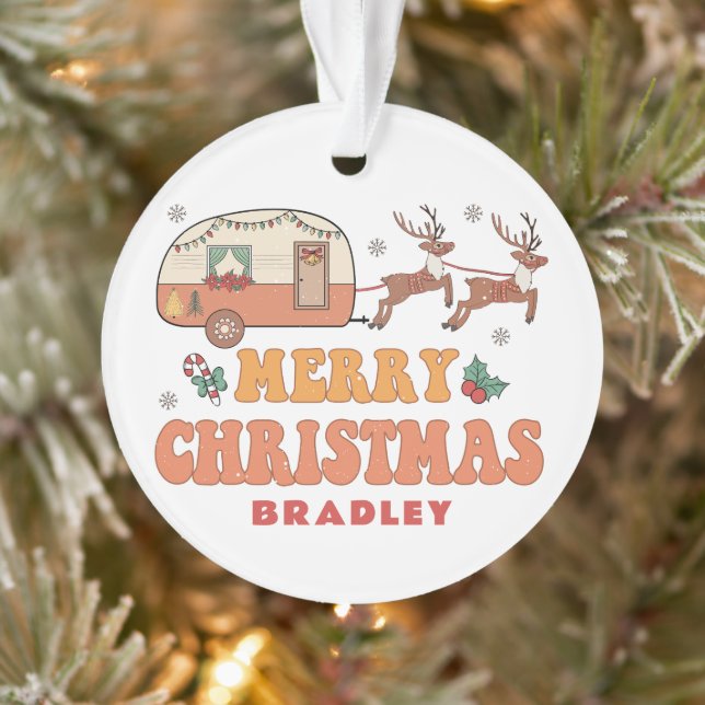 Camping Merry Christmas Reindeer Personalized Name Ornament (Baum)